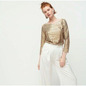 J.Crew Women's Drapey Sequin Top Shirt Sz S Gold Sparkle Boat Neck 3/4 Sleeve